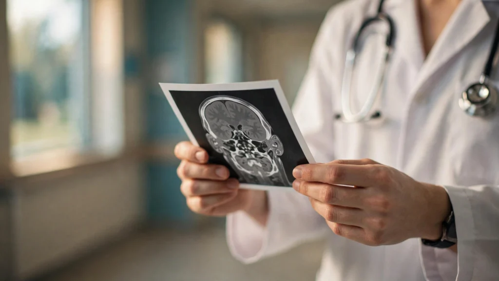 Young doctor holding a CT scan report in a warmly lit hospital corridor, symbolising defensive medicine and the pressure to over-test