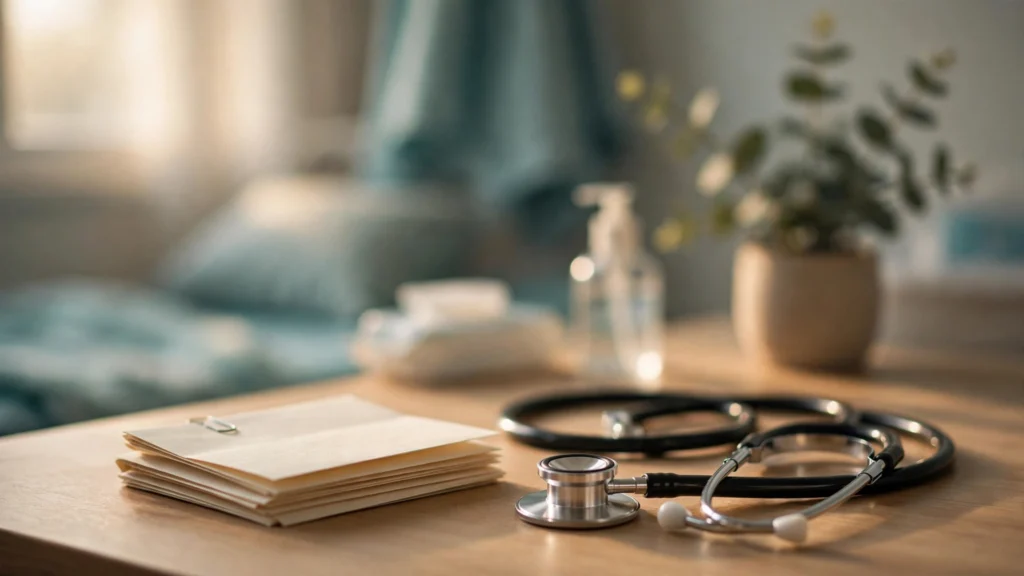 Stethoscope and patient notes resting on a hospital ward desk in soft morning light