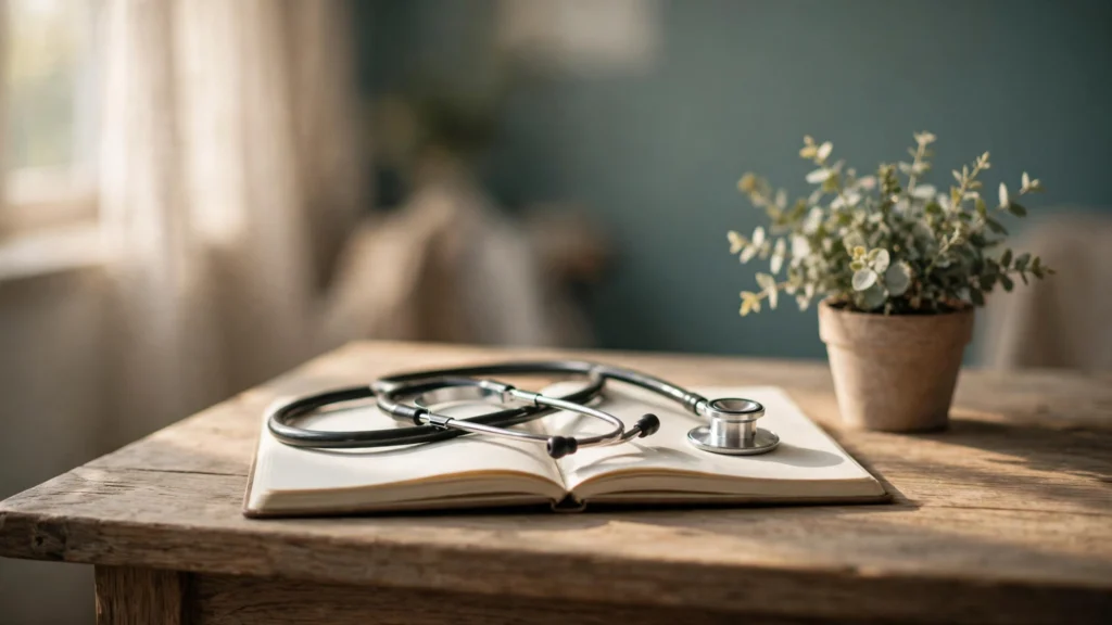Warm editorial photograph of a doctor's desk with a stethoscope, notebook and soft window light in muted teal and beige tones.