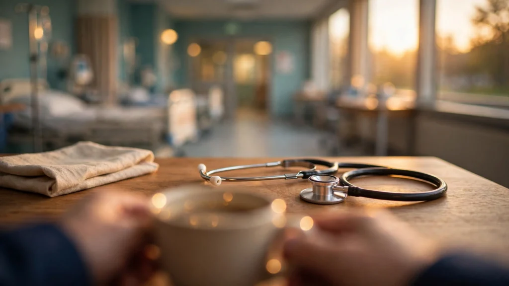 Stethoscope on a desk in a warmly lit hospital ward corridor, with a doctor's hands holding a coffee cup.