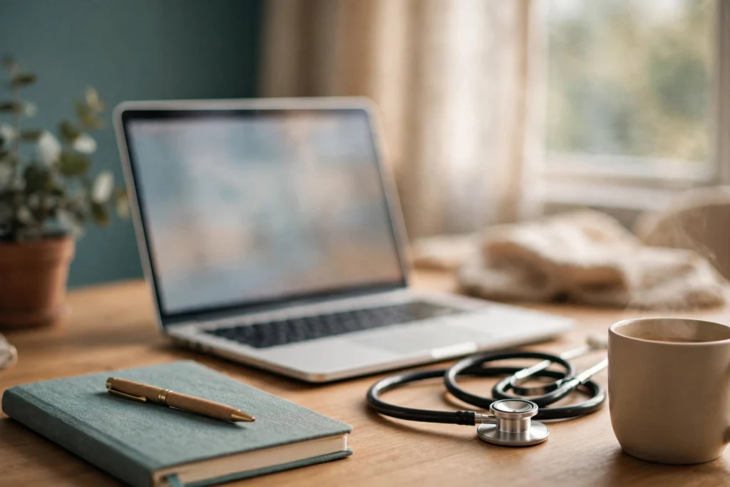 A junior doctor reviews an AI-drafted clinical note on a tablet in a softly lit hospital office, stethoscope resting on the desk beside her.