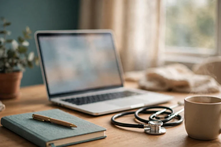 A junior doctor reviews an AI-drafted clinical note on a tablet in a softly lit hospital office, stethoscope resting on the desk beside her.