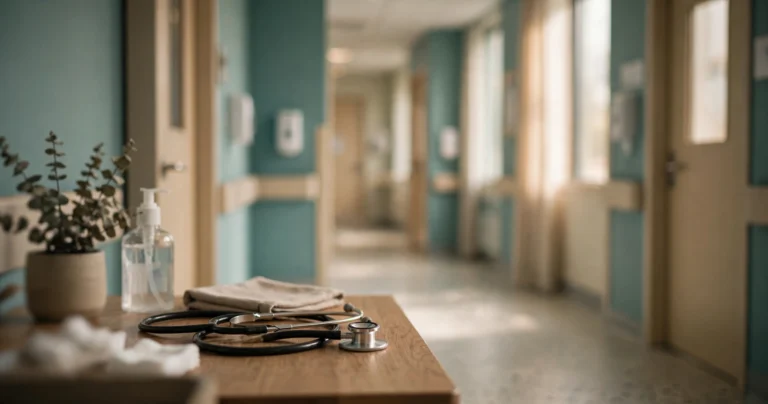 A stethoscope resting on a wooden desk in a softly lit hospital corridor with muted teal walls, evoking the start of a medical career.