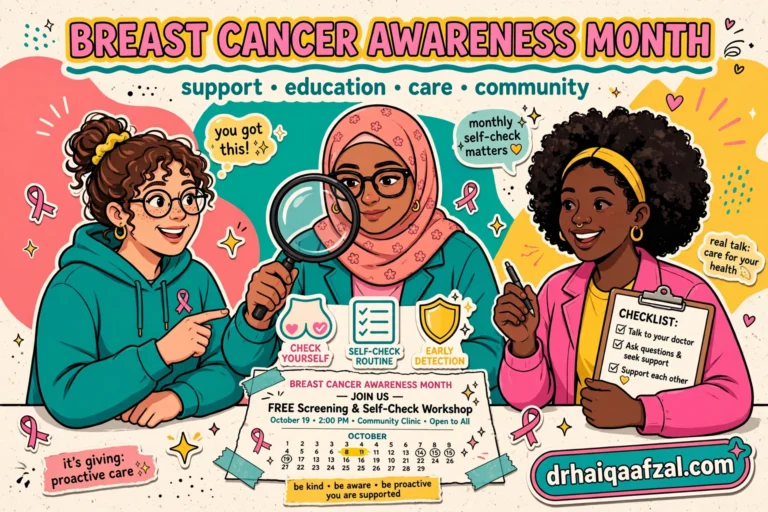 Gen Z style illustration for breast screening what to expect, showing women with a screening invitation and breast awareness icons, drhaiqaafzal.com