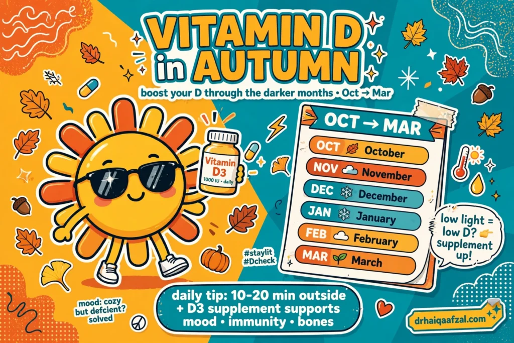 Gen Z style illustration of a cheerful sun character holding a daily vitamin D supplement bottle with autumn leaves and an October to March calendar, drhaiqaafzal.com