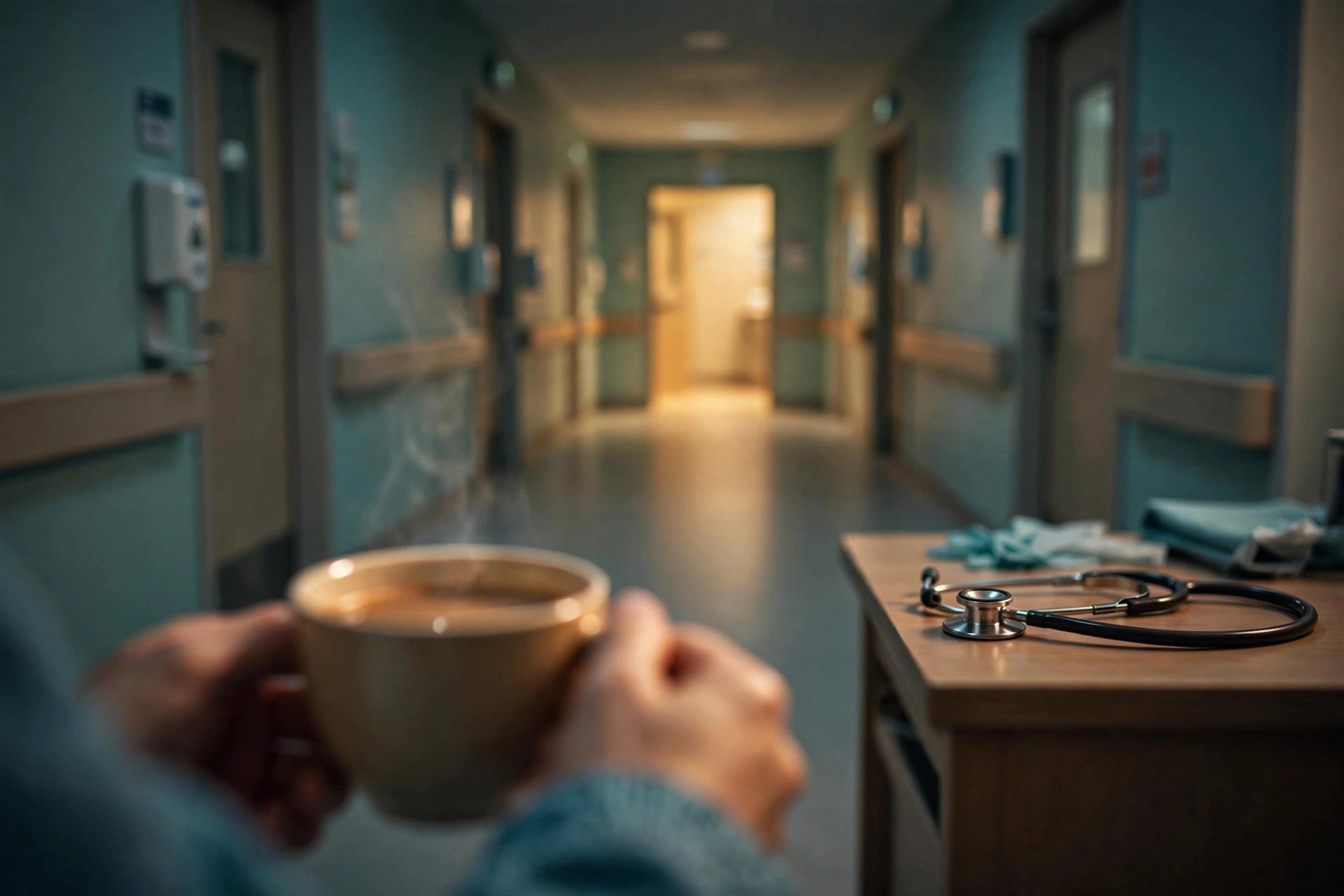 A doctor's hands holding a warm cup of coffee in a dimly lit hospital corridor at night, with a stethoscope resting on a nearby desk.
