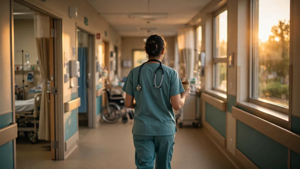 An anonymous junior doctor in scrubs walking down a softly lit hospital corridor, seen from behind, holding a coffee cup.