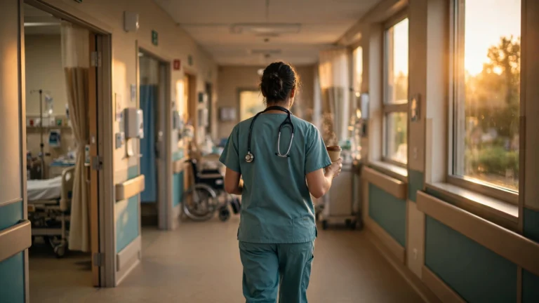 An anonymous junior doctor in scrubs walking down a softly lit hospital corridor, seen from behind, holding a coffee cup.