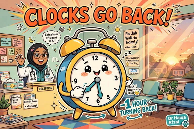 Illustration about do clocks going back affect health, GP surgery and autumn clock change, drhaiqaafzal.com