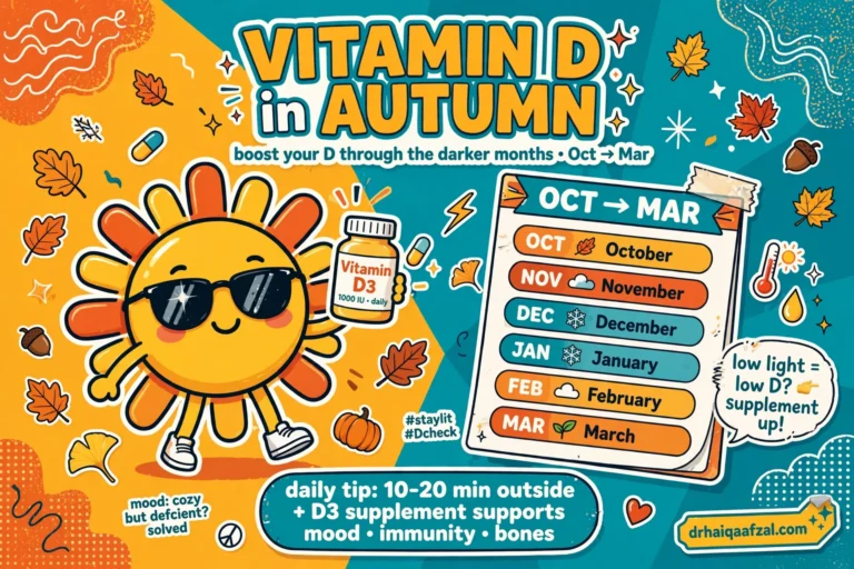 Gen Z style illustration of a cheerful sun character holding a daily vitamin D supplement bottle with autumn leaves and an October to March calendar, drhaiqaafzal.com