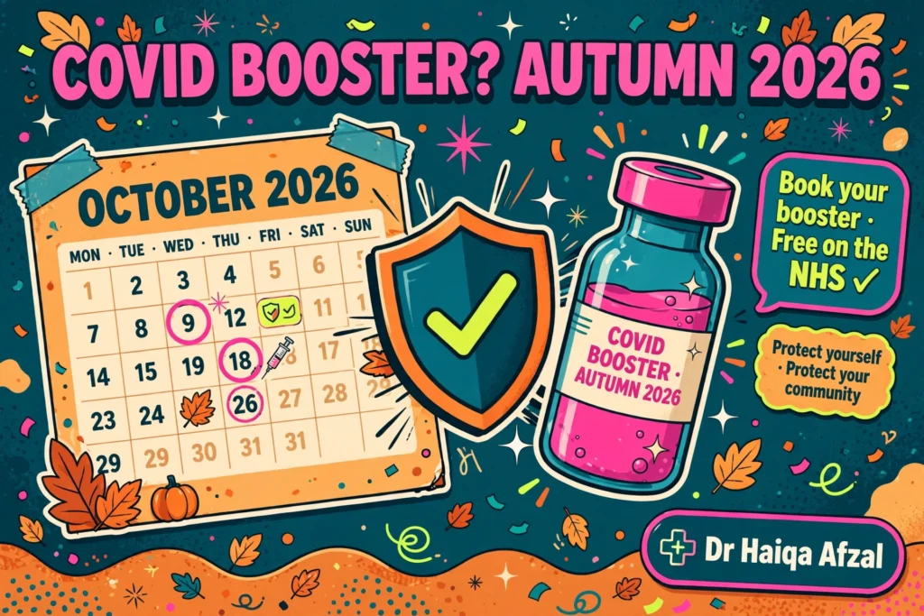 Illustrated guide cover for who should get the COVID booster this autumn, showing 2026 eligibility groups