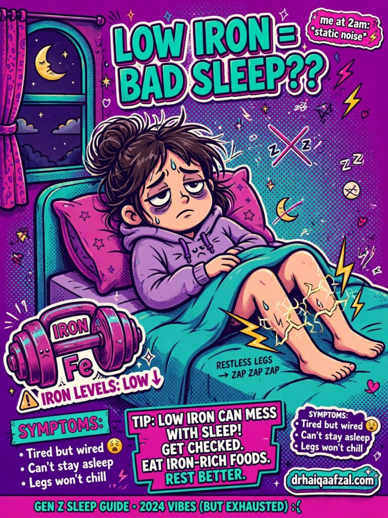 Illustration about does low iron affect sleep, restless legs and iron deficiency, drhaiqaafzal.com