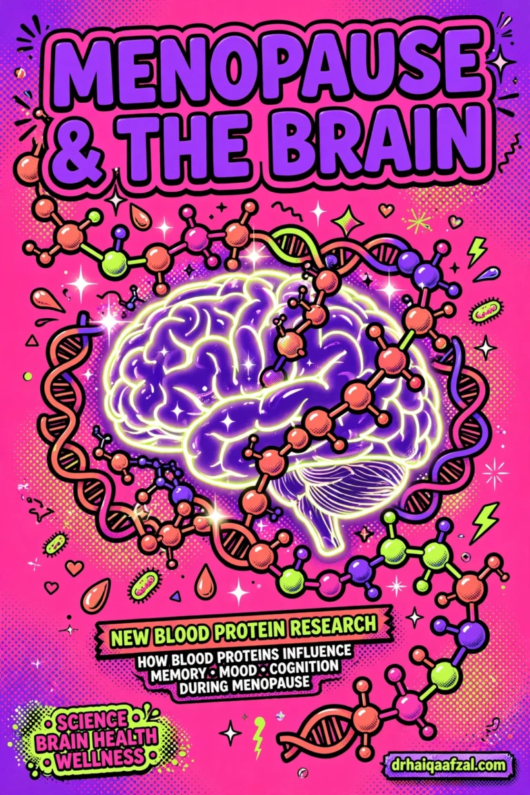 Menopause and the brain: new blood protein research on brain health and dementia risk, illustrated in bold Gen Z style