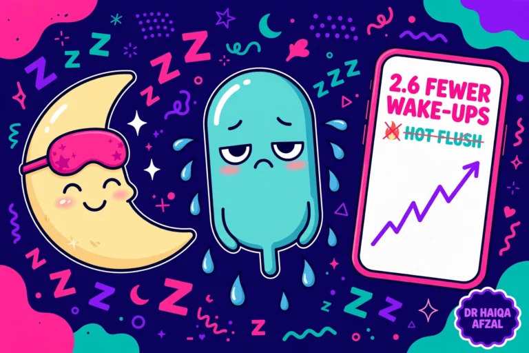 Does fezolinetant help menopause sleep? Gen Z illustration of a moon with a sleep mask and a sweating thermometer, with a sleep tracker showing 2.6 fewer wake-ups
