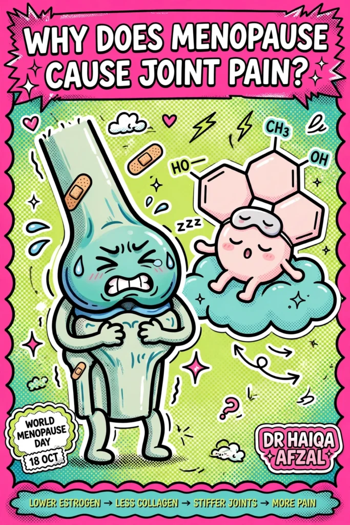 Why does menopause cause joint pain? Gen Z illustration of an aching knee joint and a drifting oestrogen molecule, World Menopause Day 18 Oct, Dr Haiqa Afzal