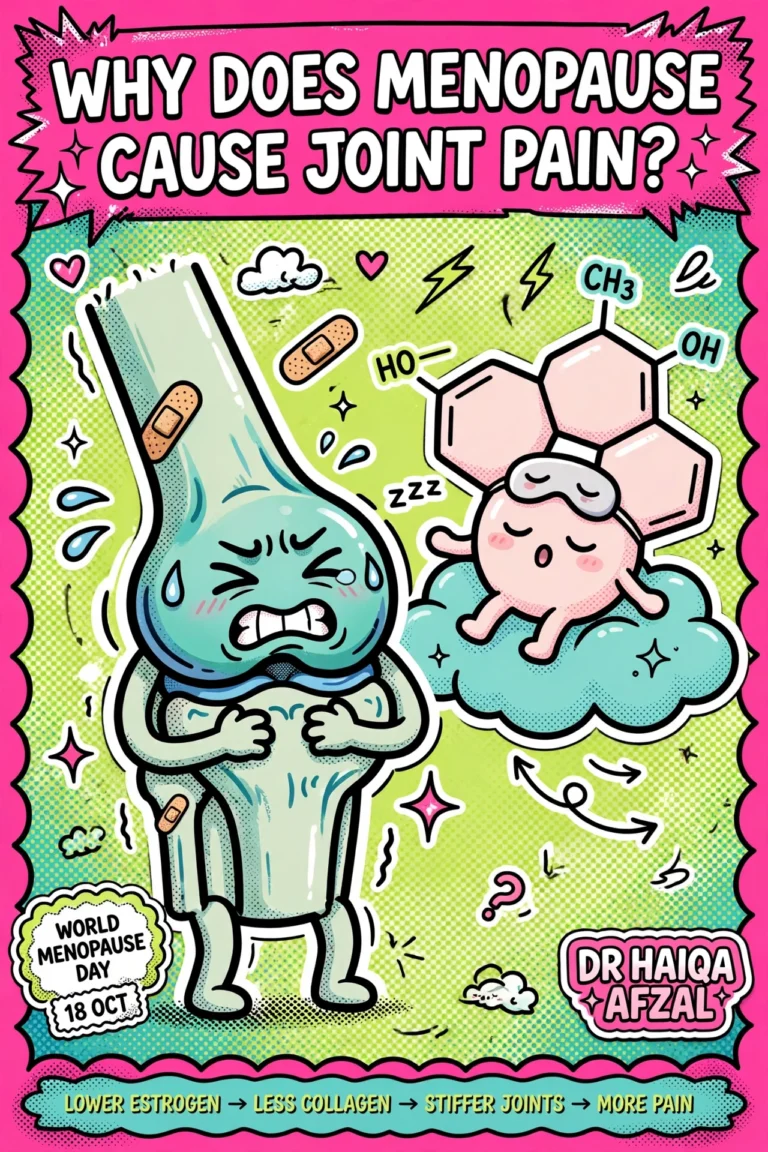 Why does menopause cause joint pain? Gen Z illustration of an aching knee joint and a drifting oestrogen molecule, World Menopause Day 18 Oct, Dr Haiqa Afzal
