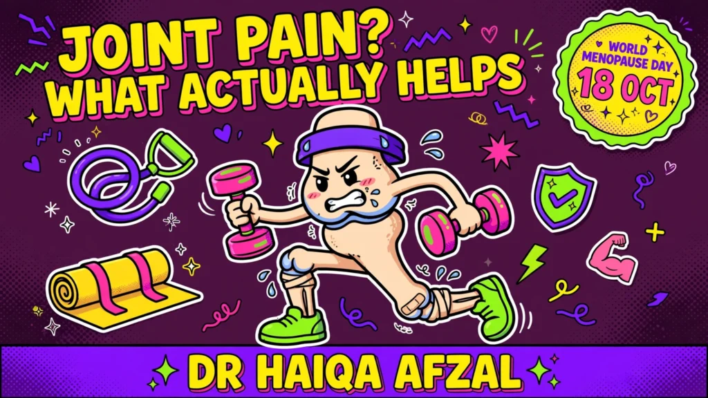 Menopause joint pain treatment: Gen Z illustration of a knee joint exercising with dumbbells, World Menopause Day 18 Oct, Dr Haiqa Afzal