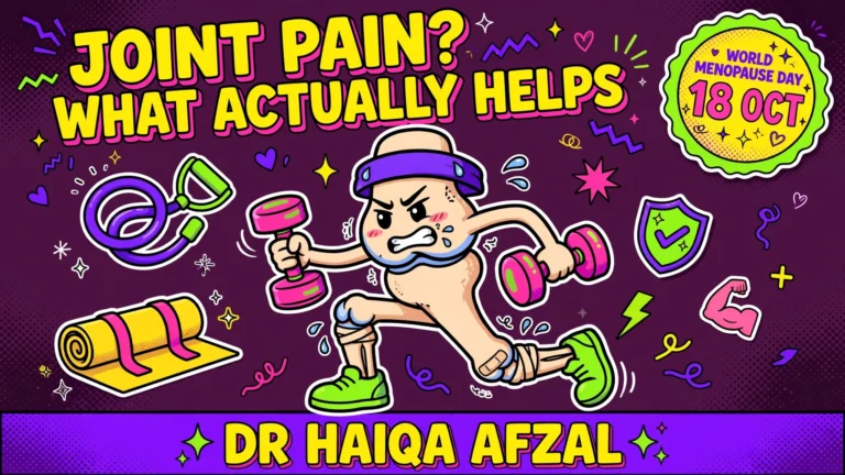 Menopause joint pain treatment: Gen Z illustration of a knee joint exercising with dumbbells, World Menopause Day 18 Oct, Dr Haiqa Afzal