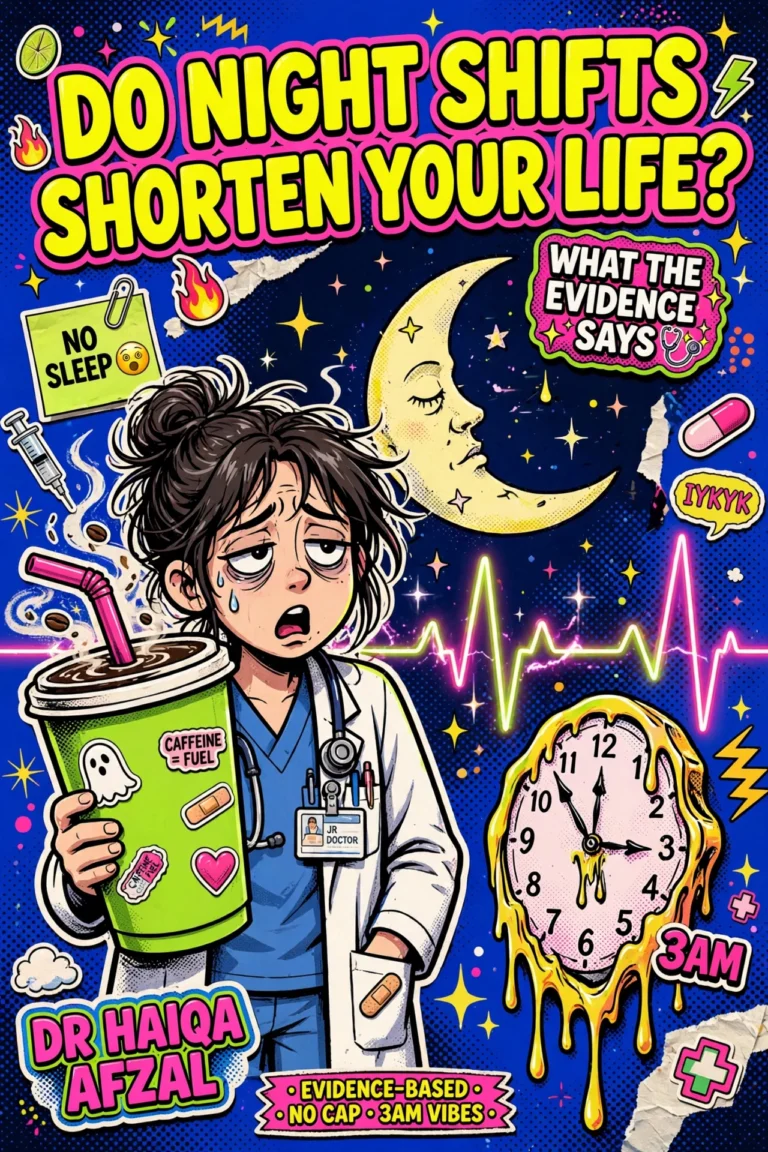 Does working night shift affect lifespan? Gen Z illustration of a tired junior doctor with a coffee cup at 3am under a crescent moon, Dr Haiqa Afzal