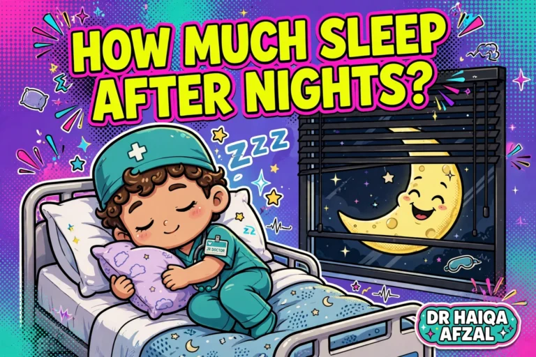 How many hours should you sleep after a night shift: Gen Z style illustration of a cartoon junior doctor asleep in bed with a sleeping moon behind blackout blinds, DR HAIQA AFZAL brand badge