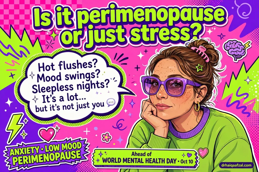 Illustrated woman wondering whether her anxiety and low mood are perimenopause or stress, ahead of World Mental Health Day