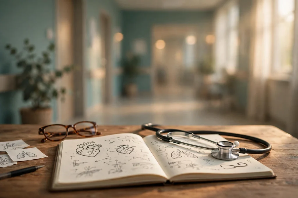 A stethoscope resting on a sunlit desk beside handwritten study notes, with a softly blurred hospital corridor beyond.