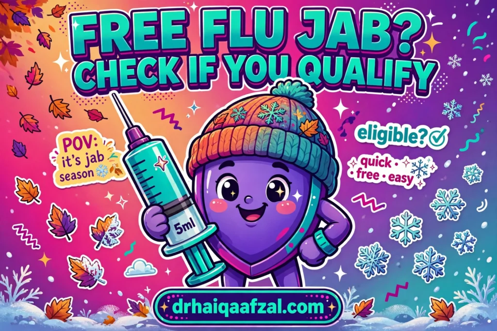 Who is eligible for free flu jab in 2026/27: cartoon checklist of NHS flu jab eligibility groups, drhaiqaafzal.com