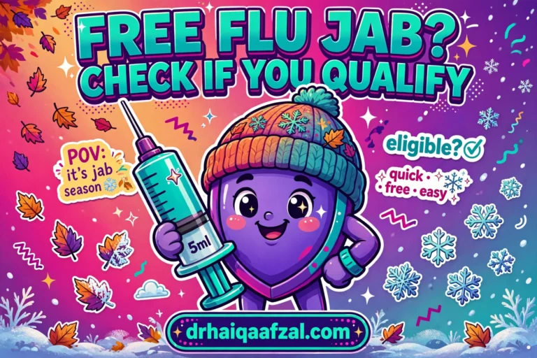 Who is eligible for free flu jab in 2026/27: cartoon checklist of NHS flu jab eligibility groups, drhaiqaafzal.com