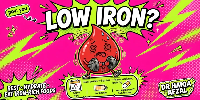 Why do heavy periods cause iron deficiency? Gen Z style illustration of a dizzy blood drop with an iron dumbbell